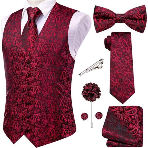 Men's Silk Vest Bowtie Set Formal Suit Vest Jacquard Tie Handkerchief - Picture 1 of 6